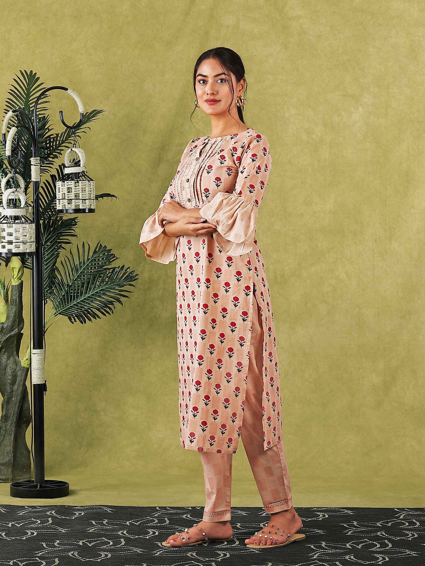 Peach Floral Printed Flared Sleeve Women Kurta Set with Embroidery at Yoke